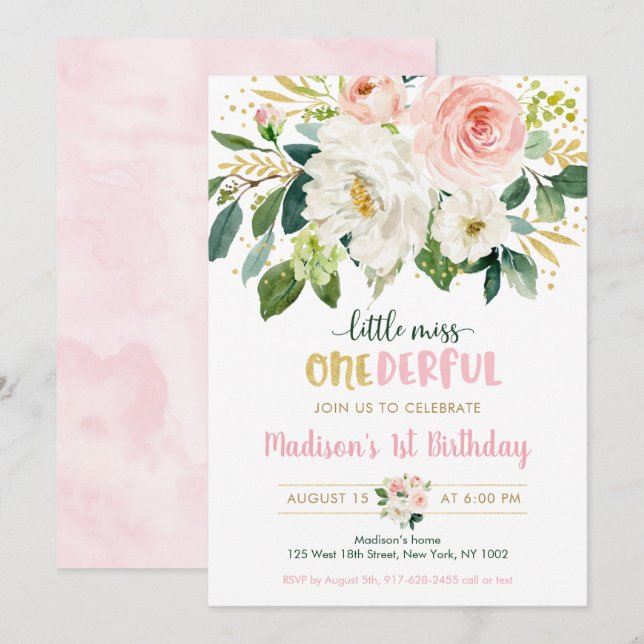 Invitación Pequeña Señorita Floral Rosa, Maravilloso Primer C (Anverso / Reverso)