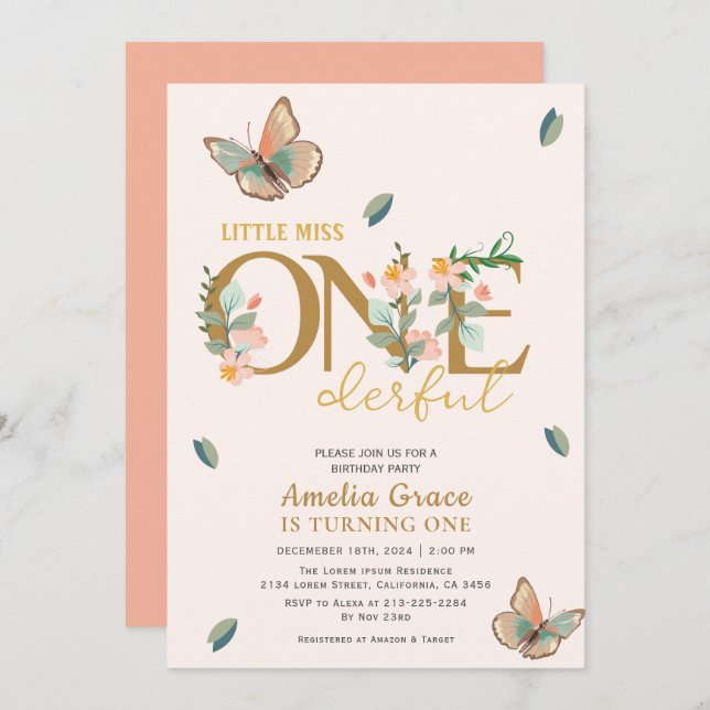 Invitación Pequeña señorita onemaravilloso melocotón floral 1 (Anverso / Reverso)