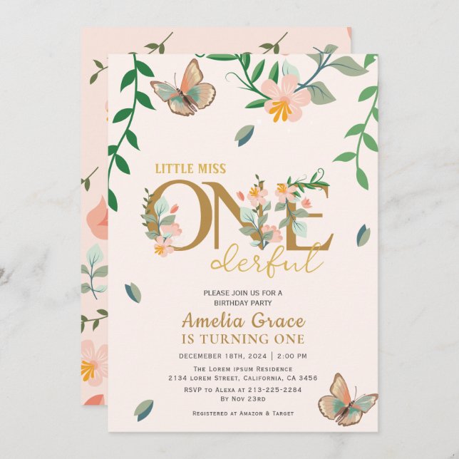 Invitación Pequeña señorita onemaravilloso melocotón floral 1 (Anverso / Reverso)
