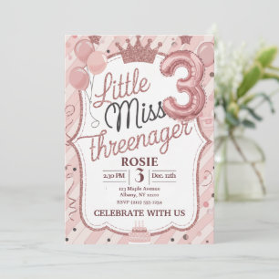 Invitación Pequeña Señorita Threenager Cumpleaños 3 Rosa