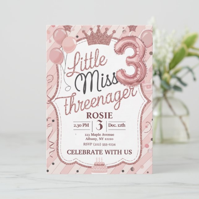 Invitación Pequeña Señorita Threenager Cumpleaños 3 Rosa (Anverso de pie)