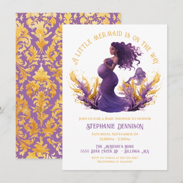 Invitación Pequeña sirena afroamericana Baby Shower (Anverso / Reverso)