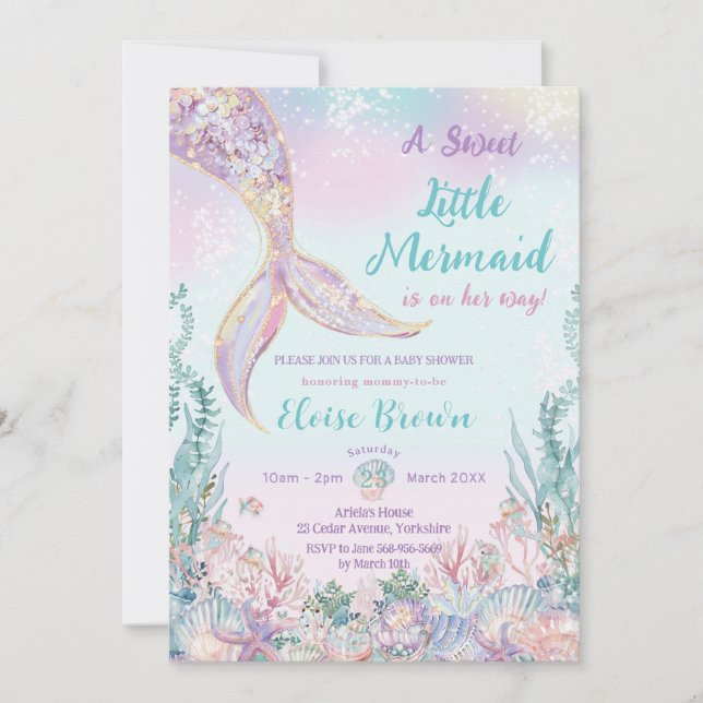Invitación Pequeña sirena bajo el Chica del mar Baby Shower (Anverso)