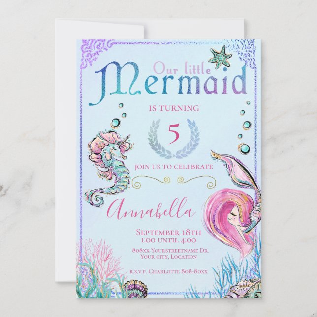 Invitación Pequeña sirena bajo el Fiesta del mar (Anverso)