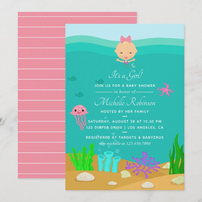 Invitación Pequeña sirena bajo el mar Chica Baby Shower (Anverso / Reverso)