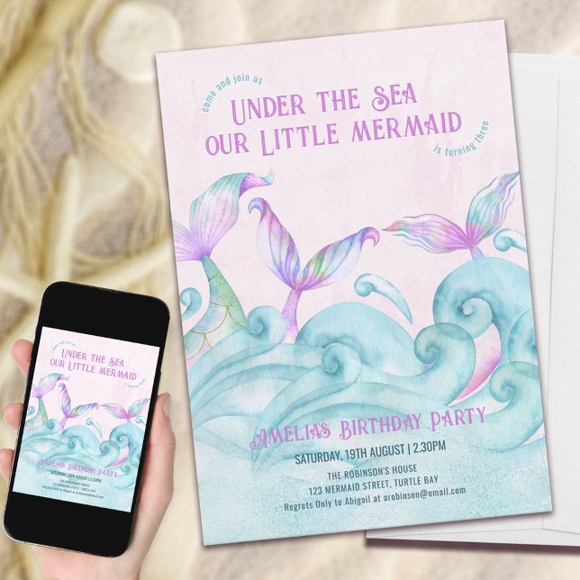Invitación Pequeña sirena bajo el mar Chica rosa cumpleaños (Subido por el creador)