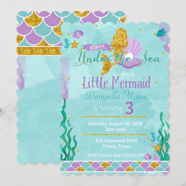 Invitación Pequeña sirena bajo el mar Invitan al cumpleaños d (Anverso / Reverso)