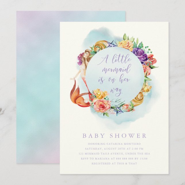 Invitación Pequeña Sirena Camino Baby Shower Chica Simple Flo (Anverso / Reverso)