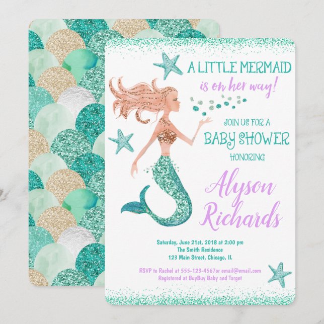 Invitación Pequeña sirena chica de ducha de bebé bajo el mar (Anverso / Reverso)