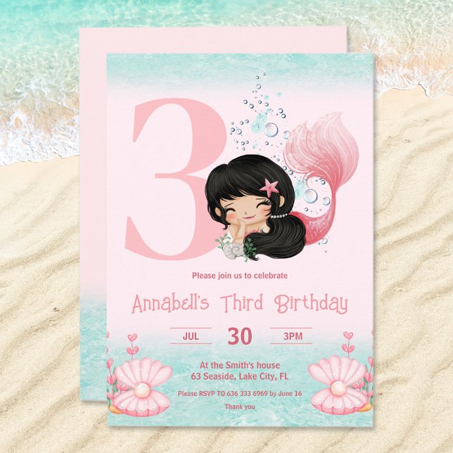 Invitación Pequeña sirena de pelo oscuro Chica rosa cumpleaño (Birthday invitation with cute mermaid with dark hair. For blonde please visit the store :))