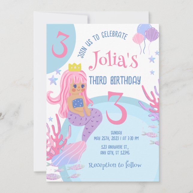 Invitación Pequeña sirena de pelo rosa Rosa Invitat de cumple (Anverso)