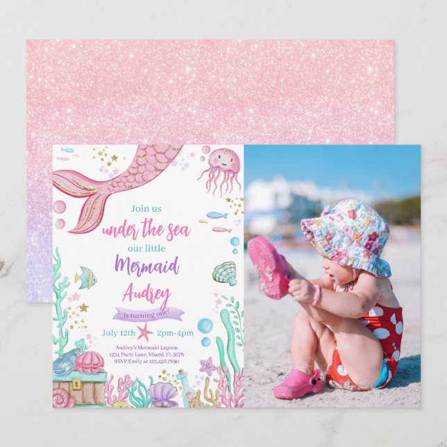 Invitación Pequeña sirena foto de primer cumpleaños (Anverso / Reverso)