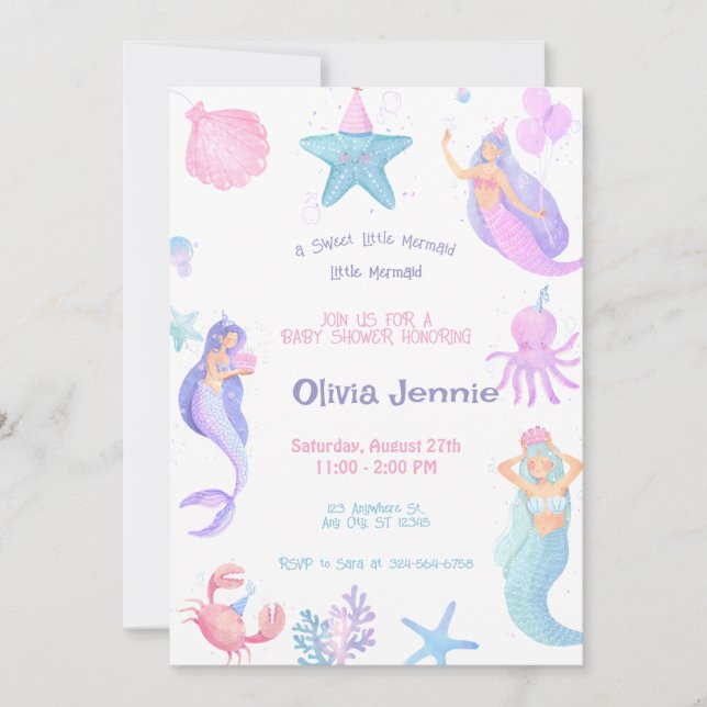 Invitación Pequeña sirena morada rosada Baby Shower (Anverso)