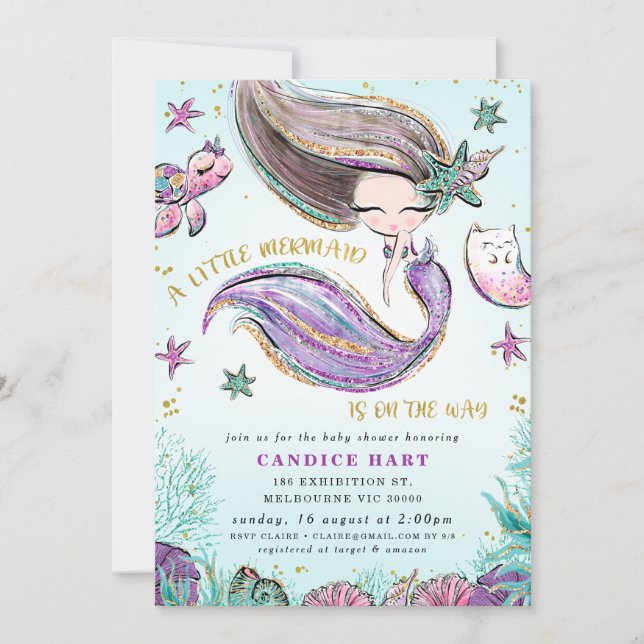 Invitación Pequeña sirena morada Verde azulada Baby Shower (Anverso)