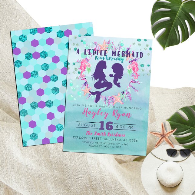 Invitación Pequeña sirena morada Verde azulada Baby Shower fl (Subido por el creador)