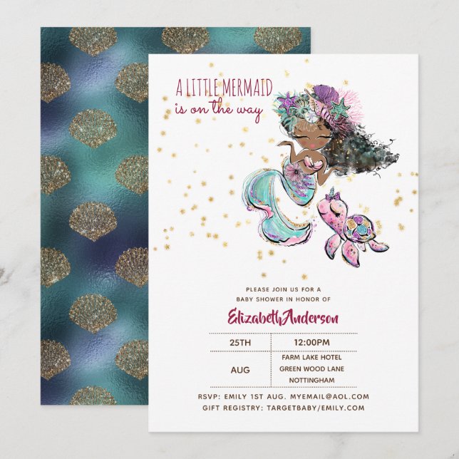 Invitación Pequeña sirena negra Chica Baby Shower bajo el mar (Anverso / Reverso)