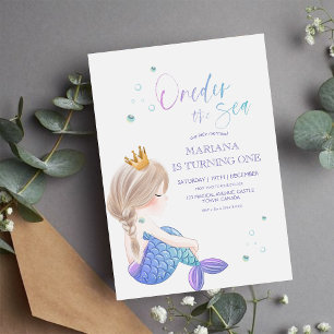 Invitación Pequeña Sirena Océano Agua Mar Girly 1er cumpleaño