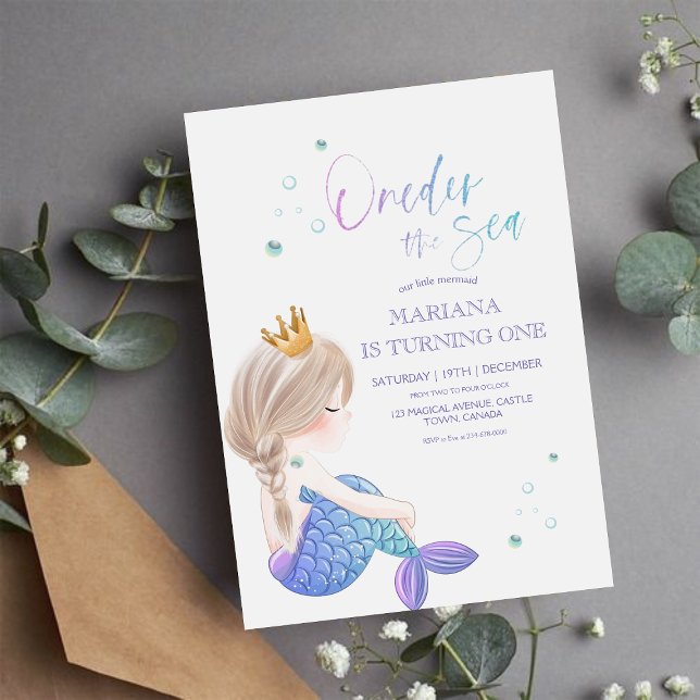 Invitación Pequeña Sirena Océano Agua Mar Girly 1er cumpleaño (Subido por el creador)