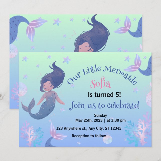 Invitación Pequeña sirena rosada 5 cumpleaños (Anverso / Reverso)