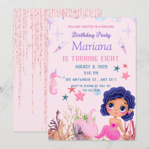 Invitación Pequeña sirena rosada fiesta mágico