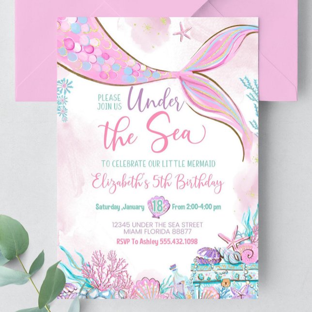 Invitación Pequeña sirena Verde azulada y editable bajo el ma (Subido por el creador)