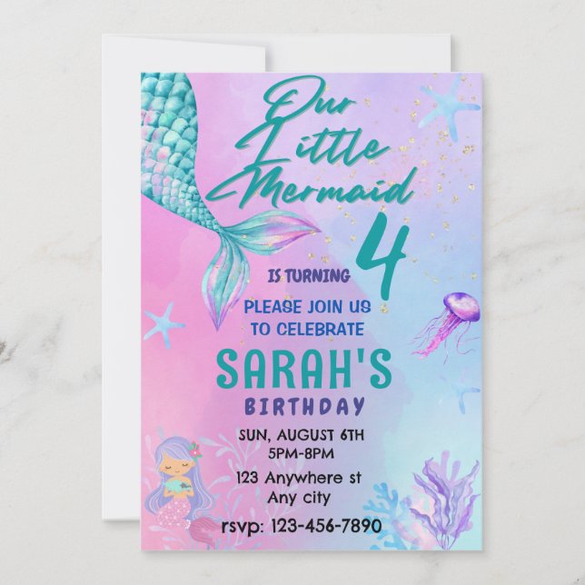 Invitación Pequeña Sirenita, fiesta de cumpleaños de acuarela (Anverso)