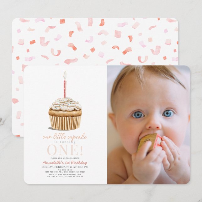 Invitación Pequeña tarta rociando foto rosa primer cumpleaños (Anverso / Reverso)