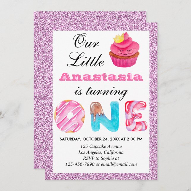 Invitación Pequeña tarta rosada Purpurina Lilac primer cumple (Anverso / Reverso)