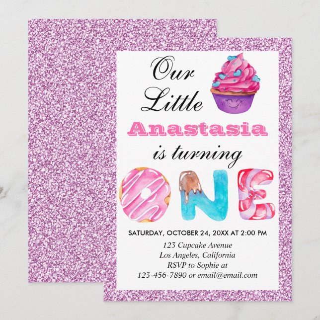 Invitación Pequeña tarta rosada Purpurina Lilac primer cumple (Anverso / Reverso)