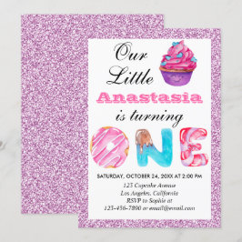Invitación Pequeña tarta rosada Purpurina Lilac primer cumple