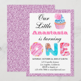 Invitación Pequeña tarta rosada Purpurina Lilac primer cumple
