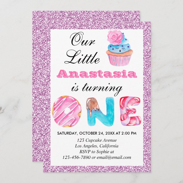 Invitación Pequeña tarta rosada Purpurina Lilac primer cumple (Anverso / Reverso)