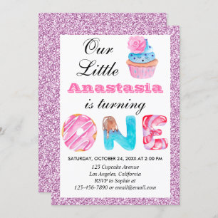 Invitación Pequeña tarta rosada Purpurina Lilac primer cumple