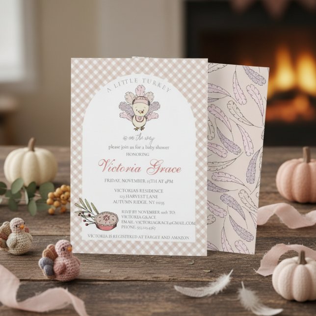 Invitación Pequeña Turquía Chica de otoño en Baby Shower (Cute Autumn Little Turkey Thanksgiving & November Baby Shower Invitations for Mother to Be for Fall)