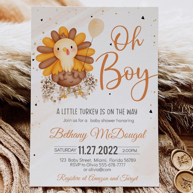 Invitación ¡Pequeña Turquía En El Camino! Baby Shower de Acci (A Thanksgiving baby shower invitation with a cute turkey, pumpkins, and autumn leaves, featuring the)
