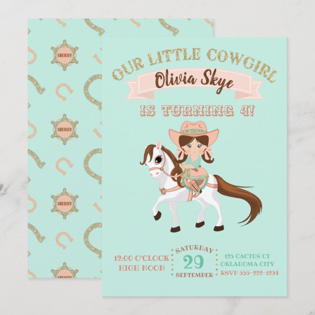 Invitación Pequeña vaquera a caballo cumpleaños de niña (Anverso / Reverso)
