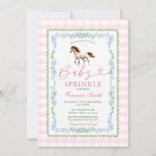 Invitación Pequeña Vaquera Bebé Sprinkle Gingham Floral Poni