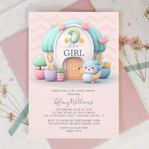 Invitación Pequeña y pequeña casa con Chica de dragón Baby Sh
