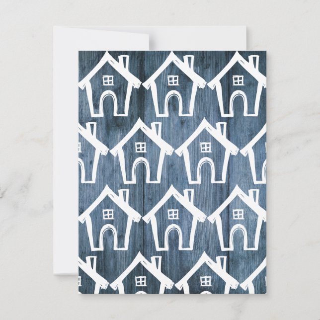 Invitación Pequeñas Casas Blancas en la Madera Azul Nos Mudam (Anverso)