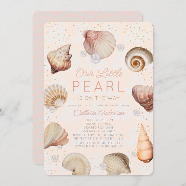Invitación Pequeñas conchas marinas de perlas rosadas Baby Sh (Anverso / Reverso)