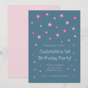 Invitación Pequeñas estrellas rosadas Bebés azul oscuro Cumpl