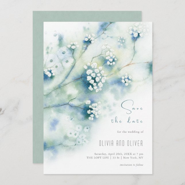 Invitación Pequeñas Flores Blancas Salvan La Fecha (Anverso / Reverso)