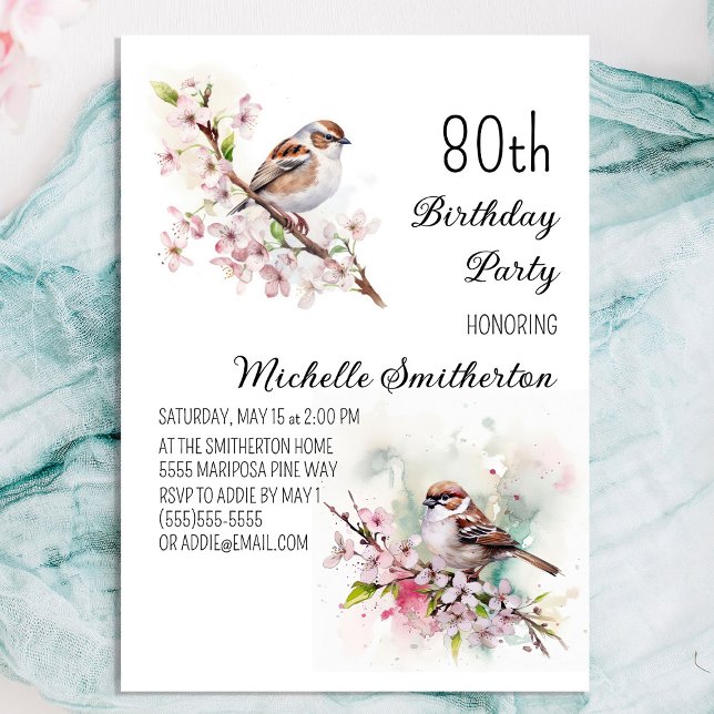 Invitación Pequeñas flores de cerezo de gorrión diminuto cump (Pretty sparrow 80th birthday party invitation for women)