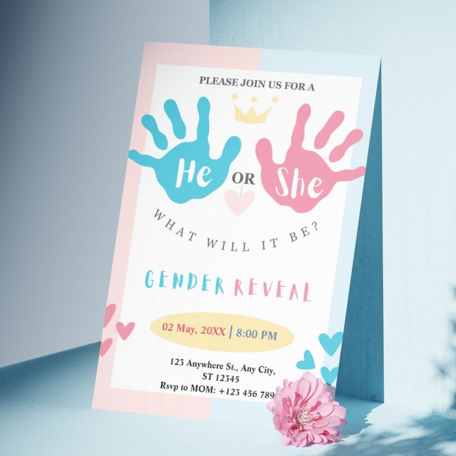 Invitación Pequeñas manos, gran sorpresa: Un género rosa y az (Tiny Hands, Big Surprise: A Pink & Blue Gender Reveal Invitation)