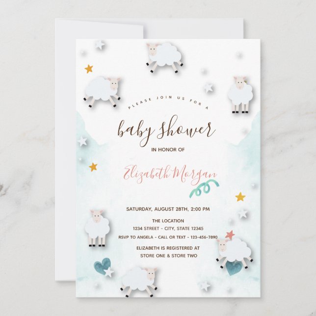 Invitación Pequeñas ovejas de cordero Nube Stars Baby Shower (Anverso)