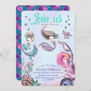 Invitación Pequeñas sirenas Purpurinas bajo el mar