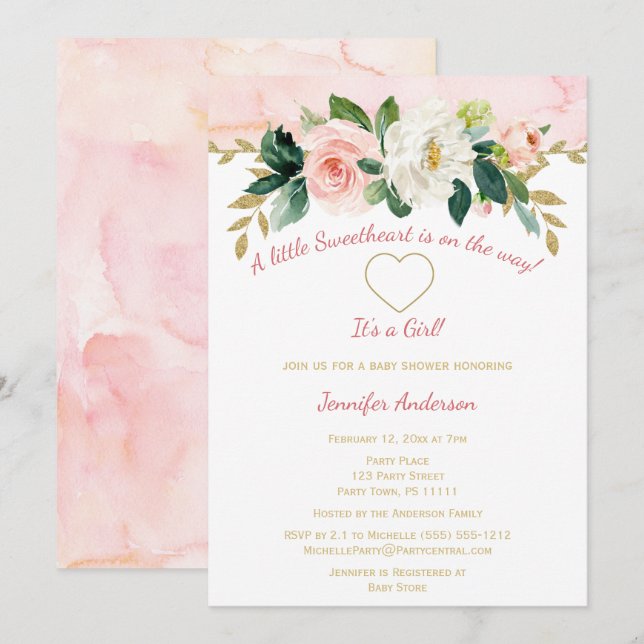 Invitación Pequeño amor Valentine Pink Gold Baby Shower (Anverso / Reverso)