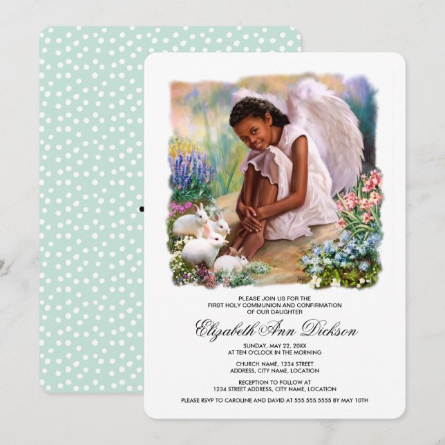 Invitación Pequeño ángel con conejitos Santa Comunión (Anverso / Reverso)