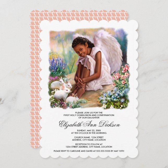 Invitación Pequeño ángel con conejitos Santa Comunión (Anverso / Reverso)