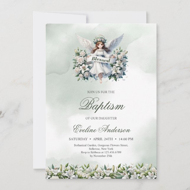 Invitación Pequeño ángel lindo con cinta Blesses Bautismo (Anverso)